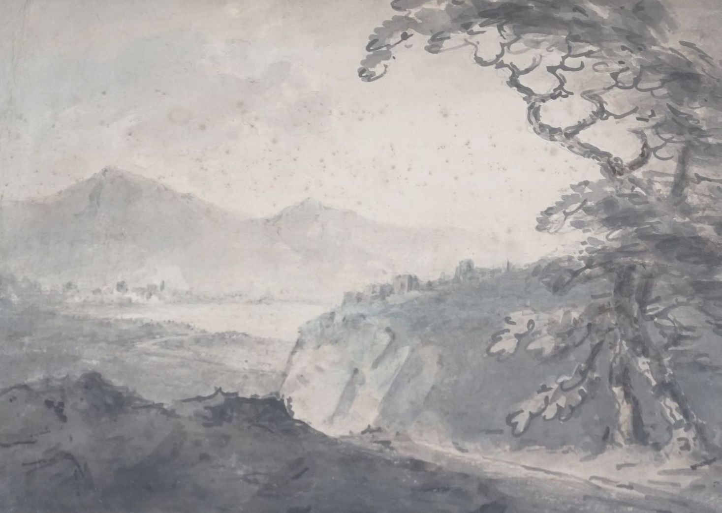 Reverend William Gilpin (1724-1804), ink and wash, Extensive landscape, label verso, 26 x36cm